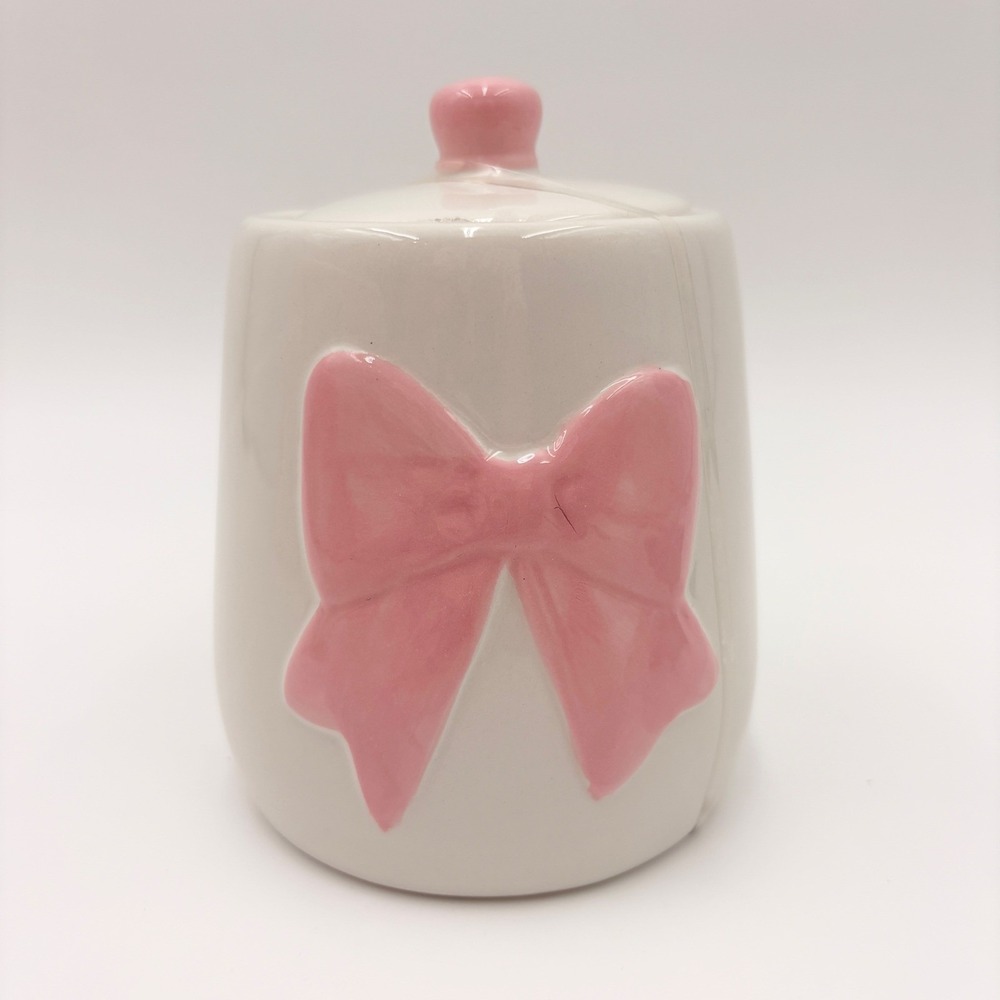 White Ceramic Bow Canister Pink Embossed Ribbon Lid Jar Coquette Decor